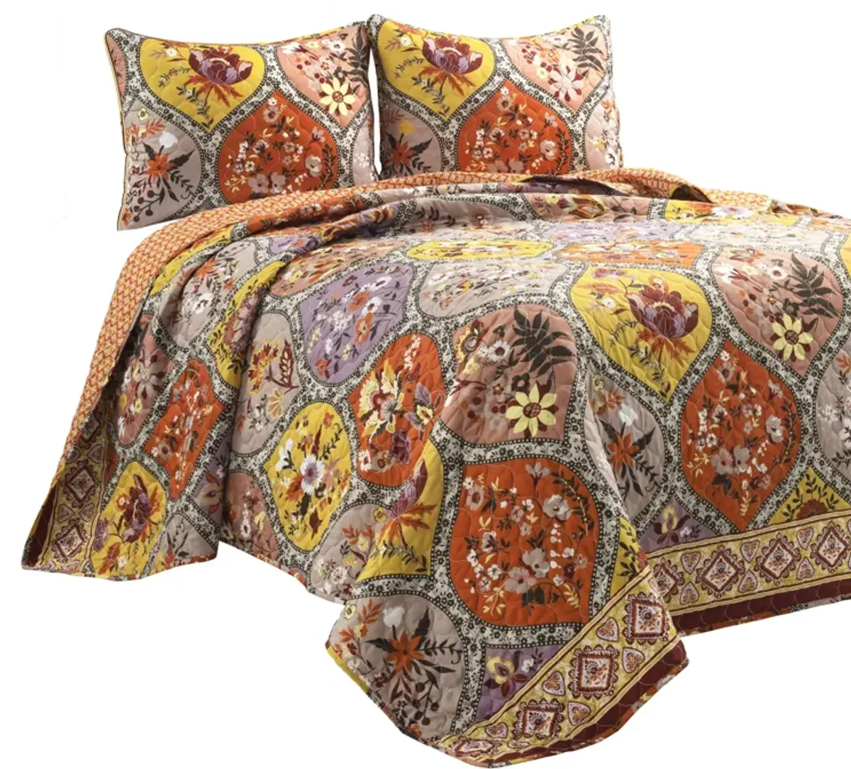 Bohemian Flower Reversible Oversized Cotton Quilt 3Pc Set