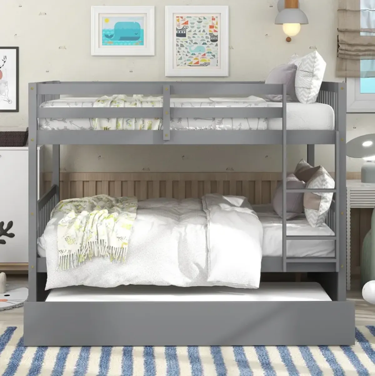 Full Over Full Bunk Bed With Trundle, Convertible To 2 Full Size Platform Bed, Full Size Bunk