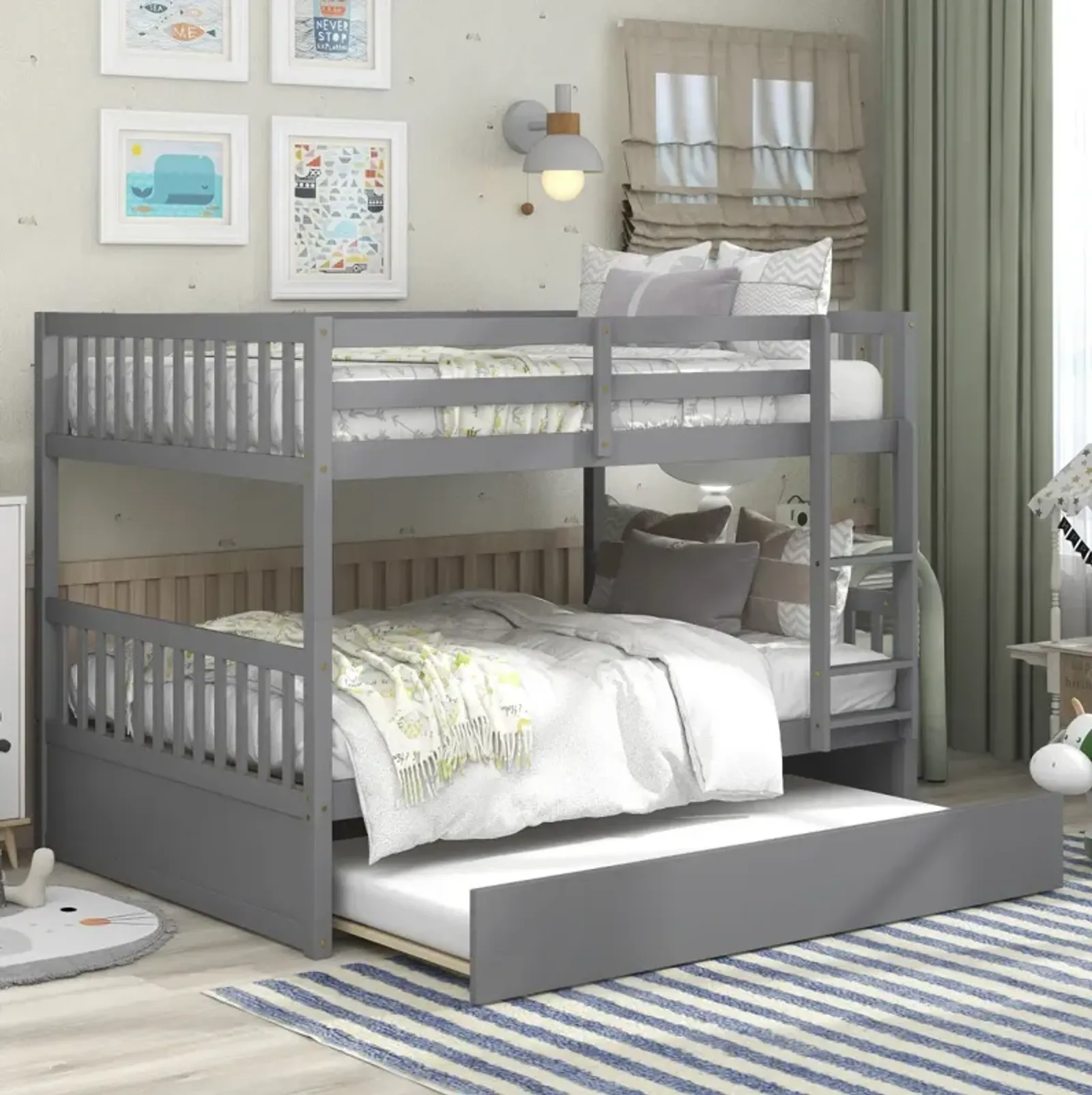 Full Over Full Bunk Bed With Trundle, Convertible To 2 Full Size Platform Bed, Full Size Bunk