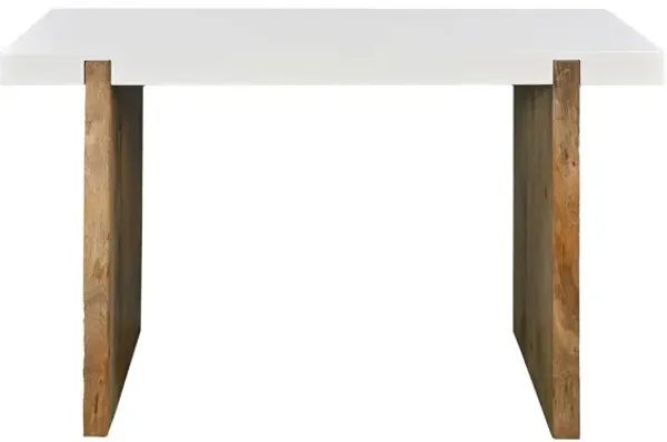 Kerry 48 Inch Rectangular Mango Wood Console Table, Sled Base, Glossy White, Natural Brown-Benzara