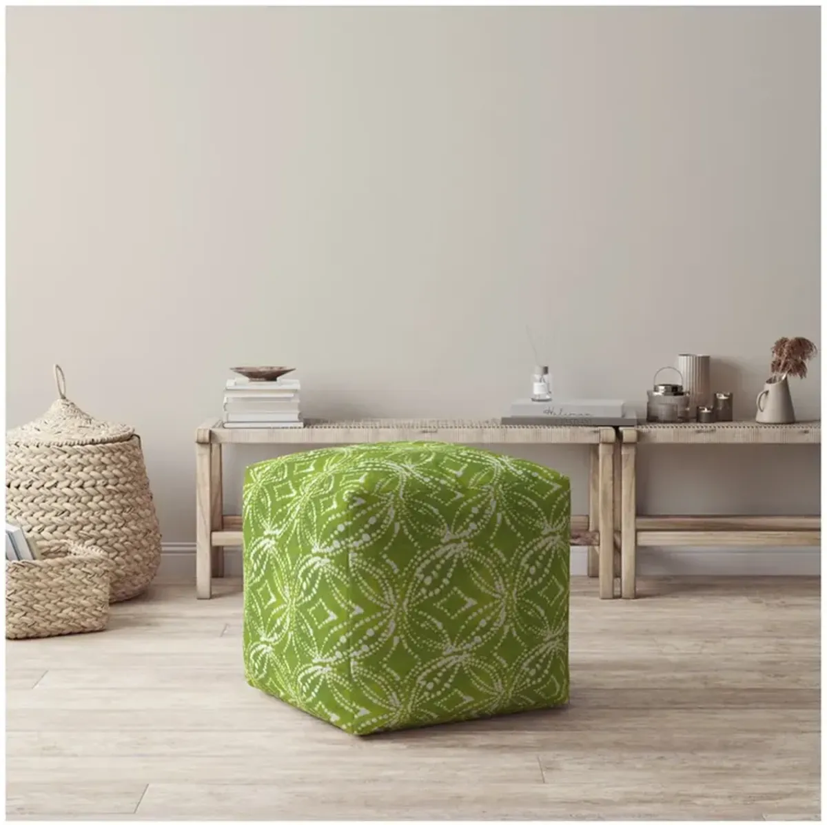 Homezia 17" Green And White Damask Pouf Ottoman