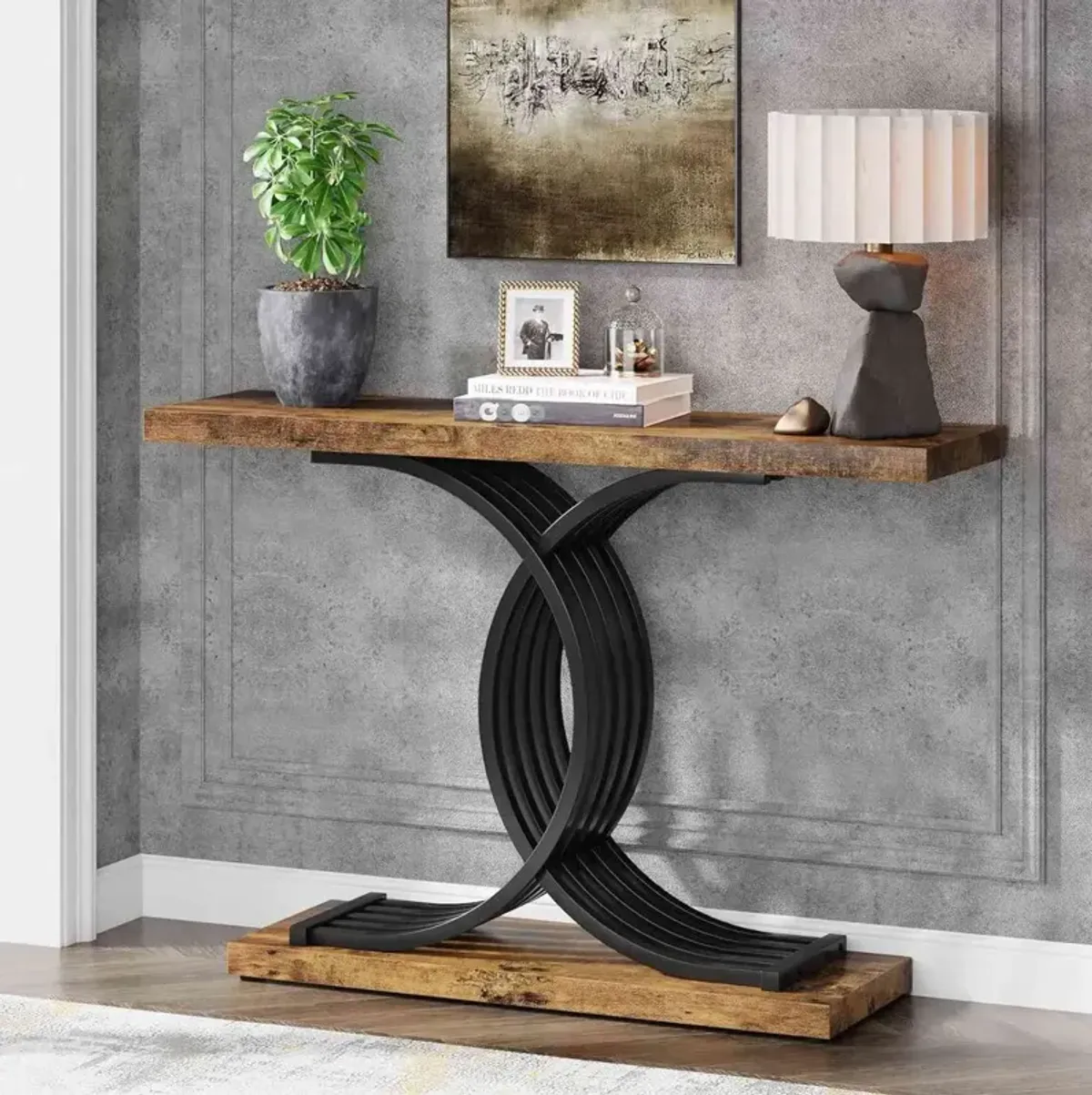 Entryway Table, Modern 39-Inch Console/Accent Table with Geometric Metal Legs, Faux Marble Narrow Wood Sofa Table