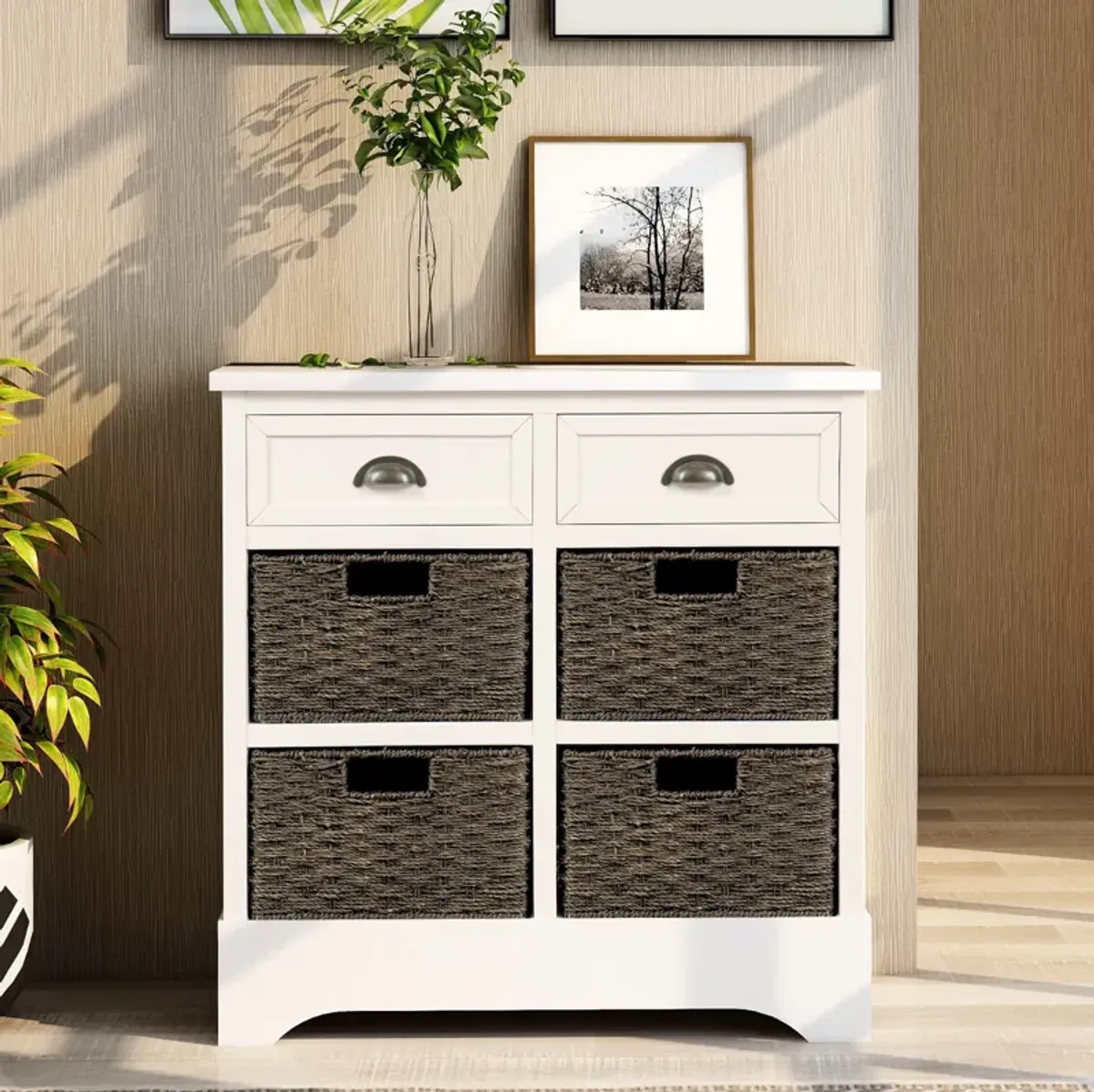 Rustic Storage Cabinet With Two Drawers And Four Classic Rattan Basket