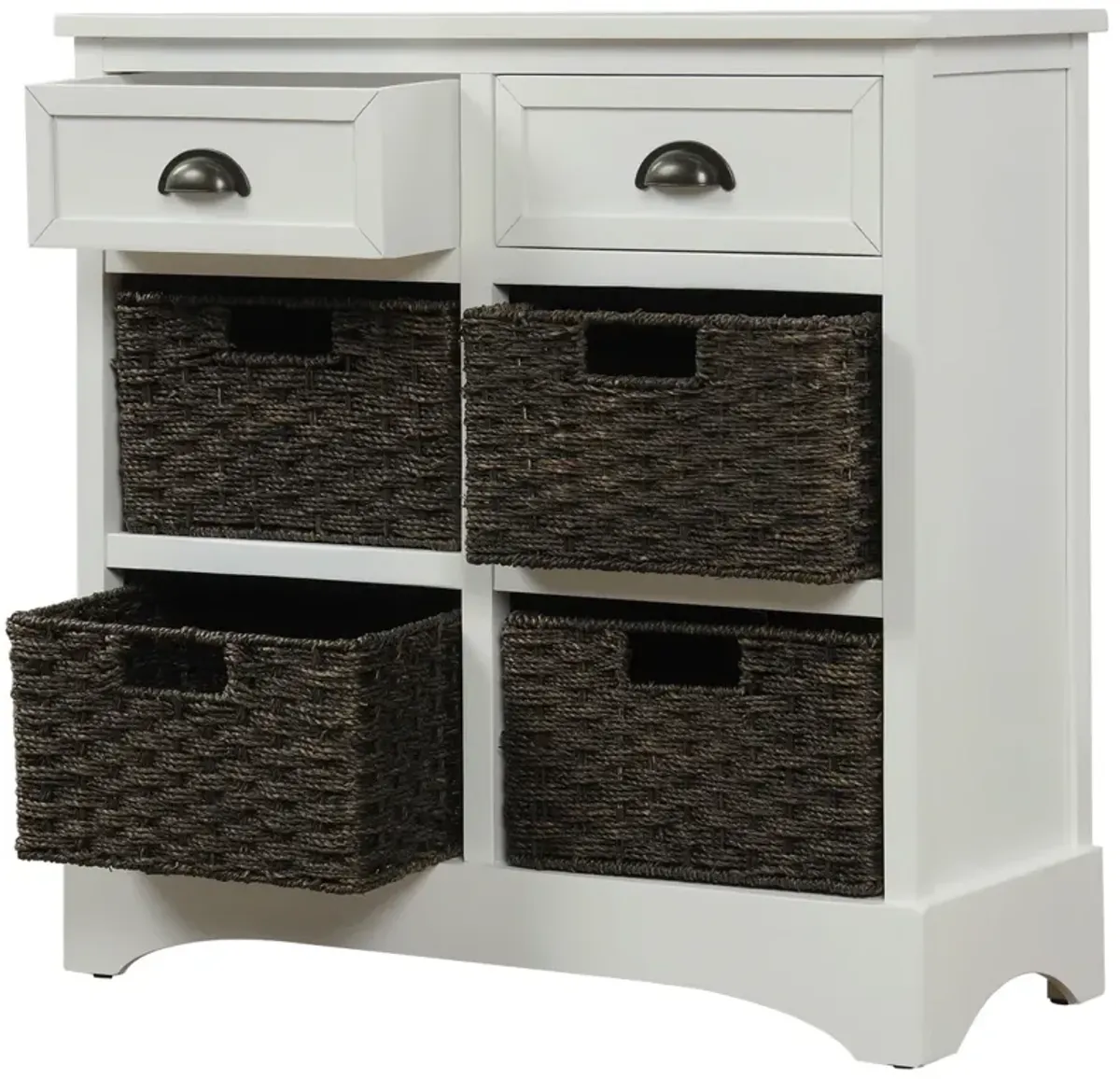 Rustic Storage Cabinet With Two Drawers And Four Classic Rattan Basket