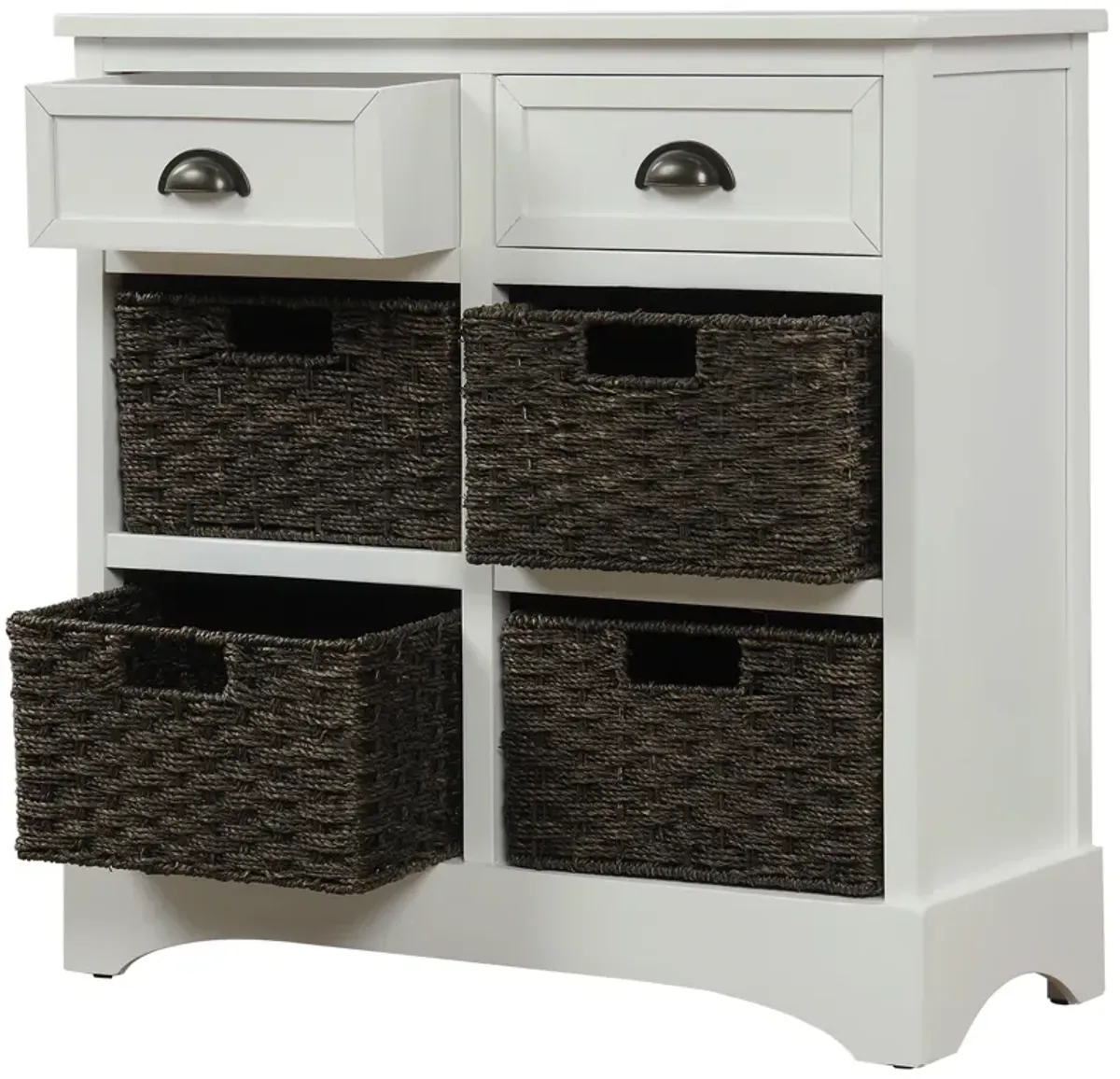 Rustic Storage Cabinet With Two Drawers And Four Classic Rattan Basket