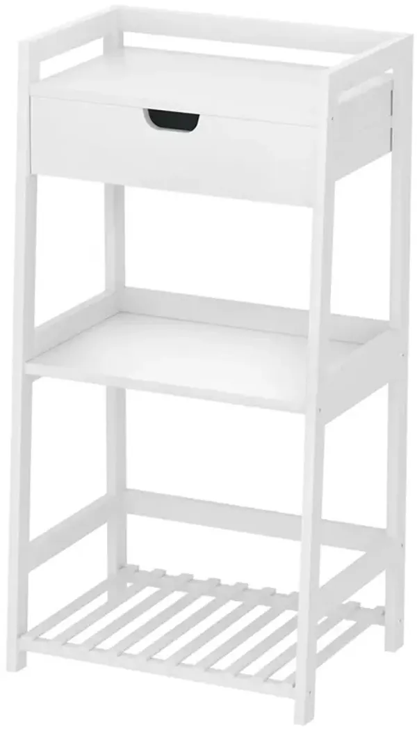 3-Tier White Shelf with Drawers & Open Shelving
