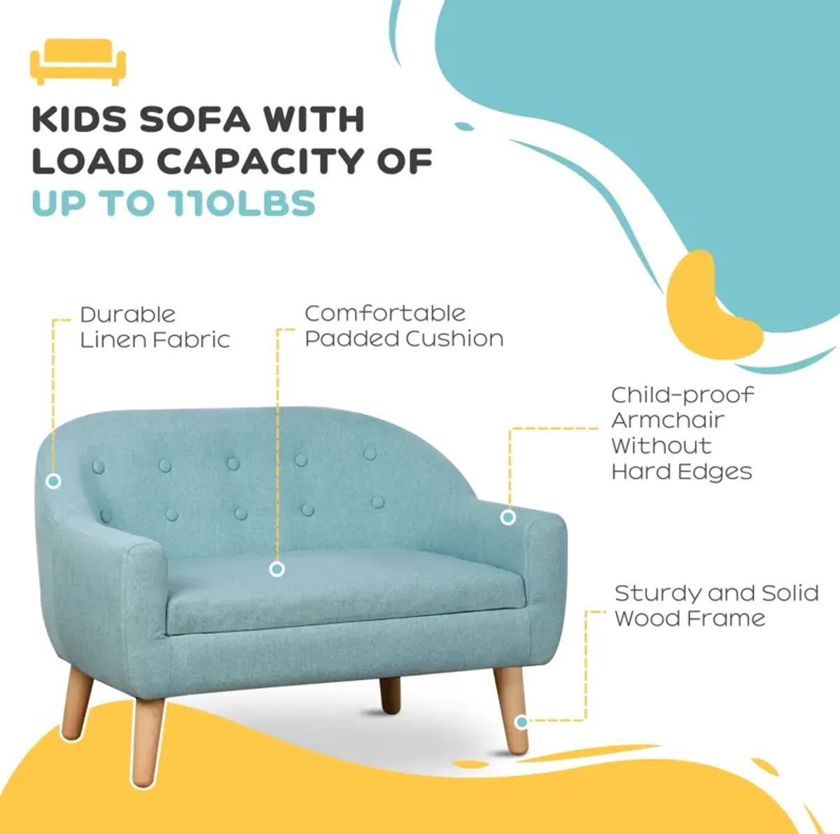 2-Seat Kids Sofa Linen Fabric and Wooden Frame Sofa for Kids and Toddlers Ages 3-6, 11" High Seat