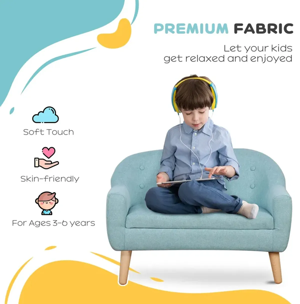 2-Seat Kids Sofa Linen Fabric and Wooden Frame Sofa for Kids and Toddlers Ages 3-6, 11" High Seat