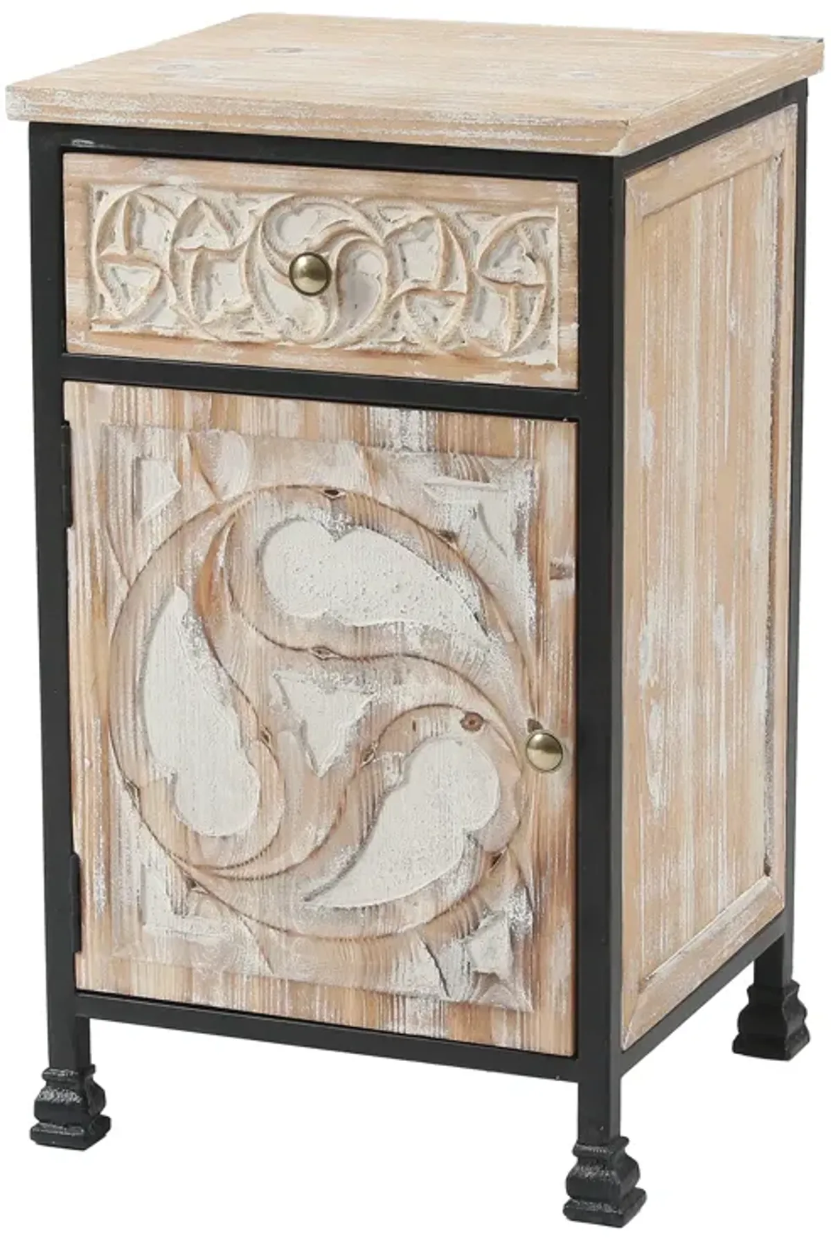 LuxenHome Black Metal Frame and Carved Wood 1-Door 1-Drawer End Table with Storage