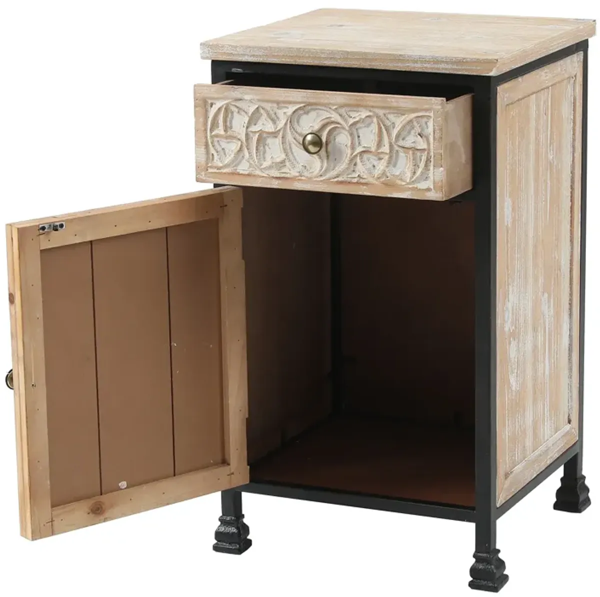 LuxenHome Black Metal Frame and Carved Wood 1-Door 1-Drawer End Table with Storage