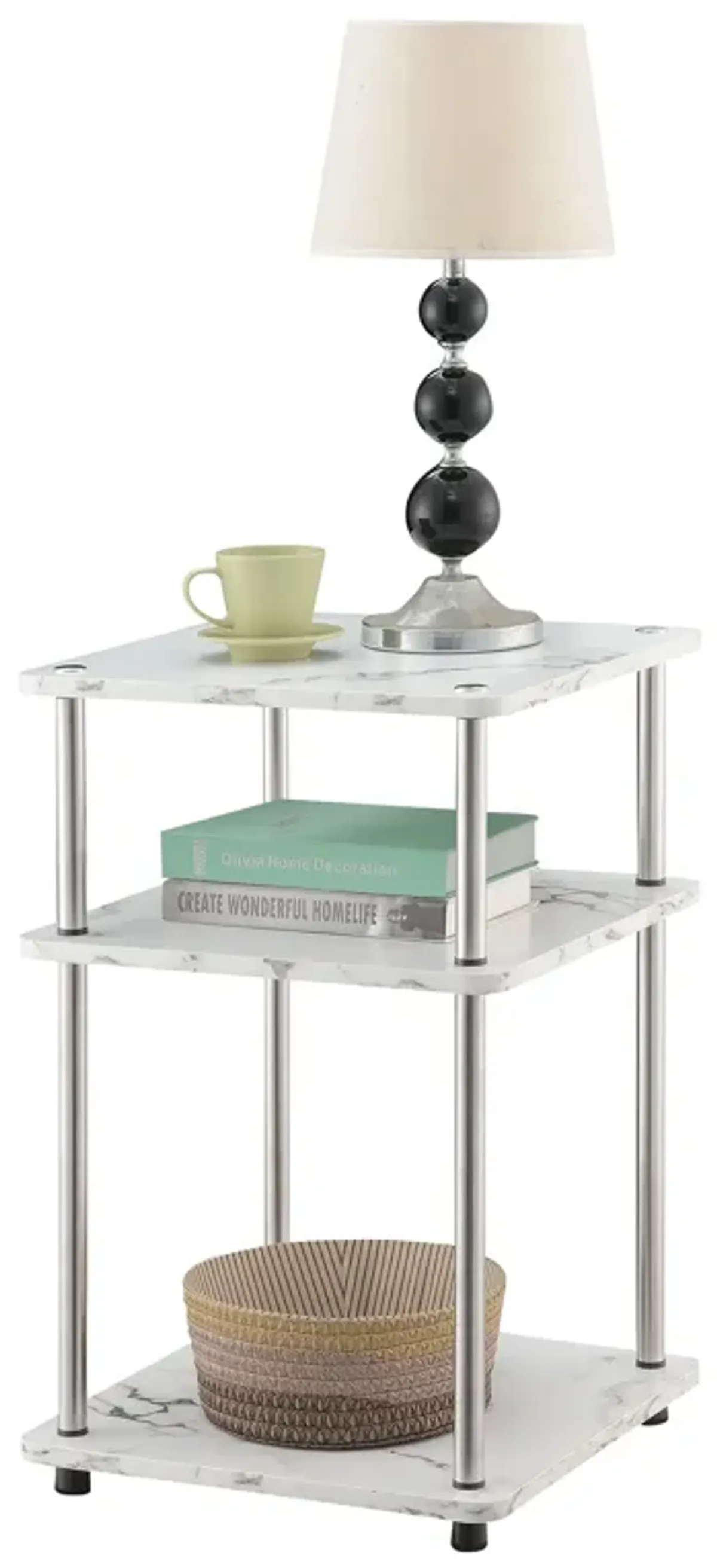 Convenience Concepts Designs2Go No Tools 3-Tier End Table, Faux White Marble/Chrome