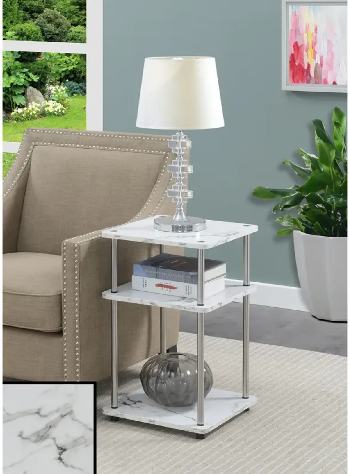 Convenience Concepts Designs2Go No Tools 3-Tier End Table, Faux White Marble/Chrome