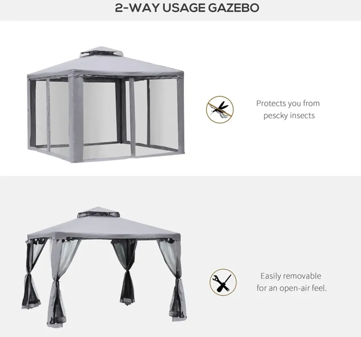 Outsunny 10' x 10' Patio Gazebo Outdoor Canopy Shelter with 2-Tier Roof and Netting, Steel Frame for Garden, Lawn, Backyard and Deck, Gray