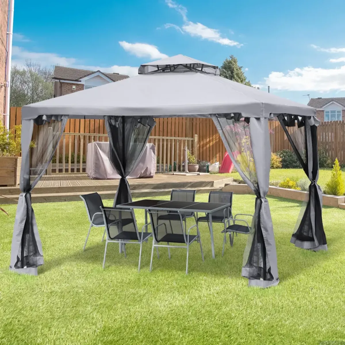 Outsunny 10' x 10' Patio Gazebo Outdoor Canopy Shelter with 2-Tier Roof and Netting, Steel Frame for Garden, Lawn, Backyard and Deck, Gray