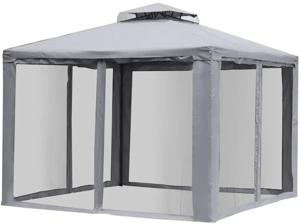 Outsunny 10' x 10' Patio Gazebo Outdoor Canopy Shelter with 2-Tier Roof and Netting, Steel Frame for Garden, Lawn, Backyard and Deck, Gray