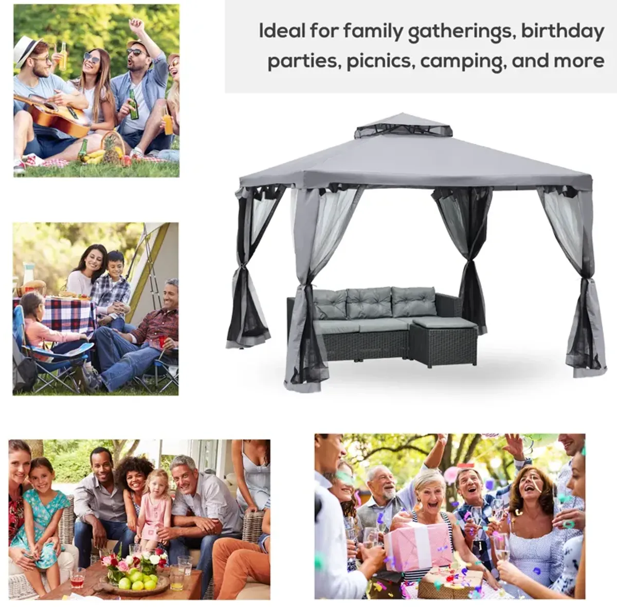 Outsunny 10' x 10' Patio Gazebo Outdoor Canopy Shelter with 2-Tier Roof and Netting, Steel Frame for Garden, Lawn, Backyard and Deck, Gray