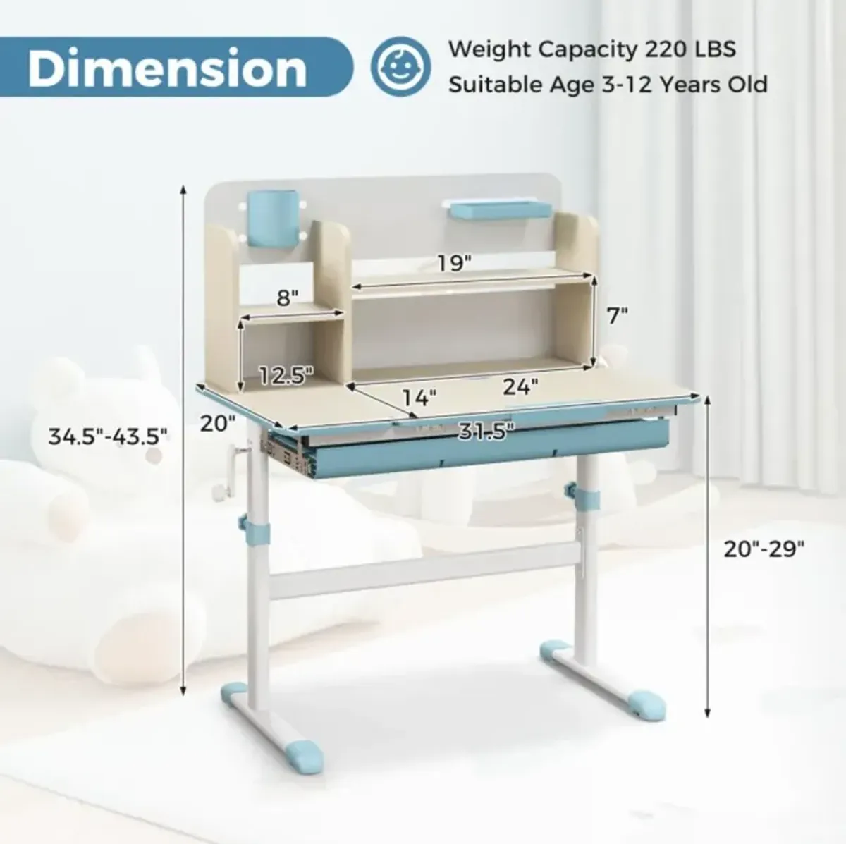 Hivvago Height Adjustable Kids Study Desk with Tilt Desktop for 3-12 Years Old