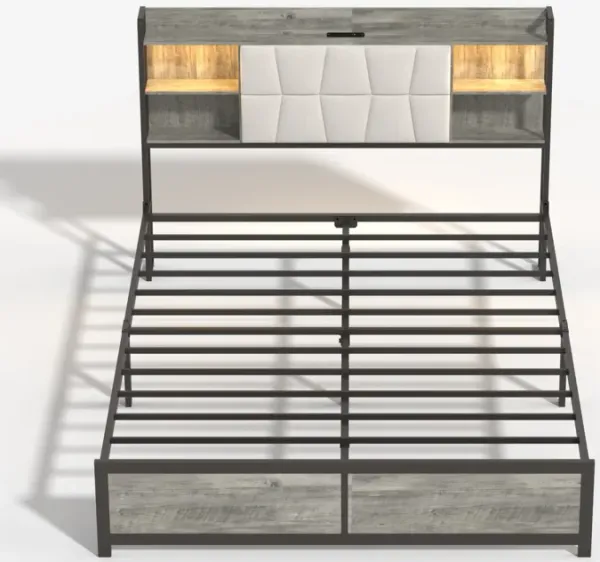 Queen Size Bed Frame with LED Light & Power Outlet, Platform Bed with Upholstered Headboard and Storage, Sturdy Metal Slats Support, No Box Spring Needed, Easy Assembly, Noise-Free