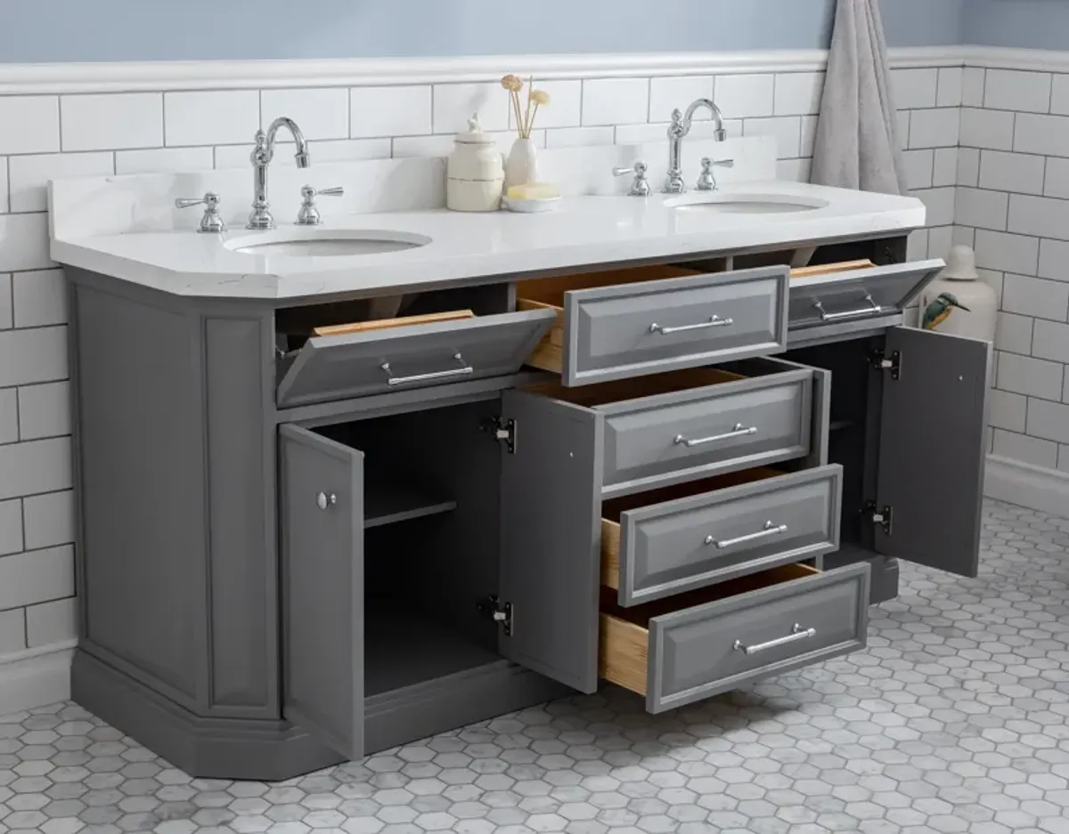 Palace 72 In. Double Sink Carrara Quartz Countertop Bath Vanity in Cashmere Grey with Chrome Hardware and Hook Faucets