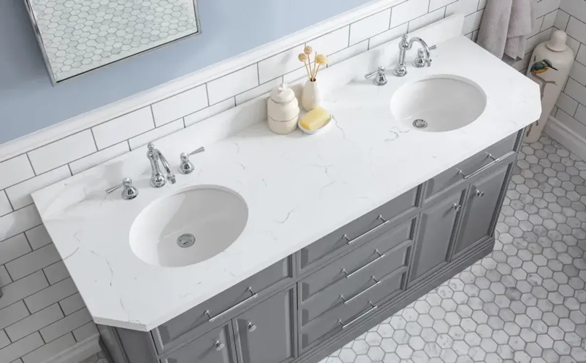 Palace 72 In. Double Sink Carrara Quartz Countertop Bath Vanity in Cashmere Grey with Chrome Hardware and Hook Faucets