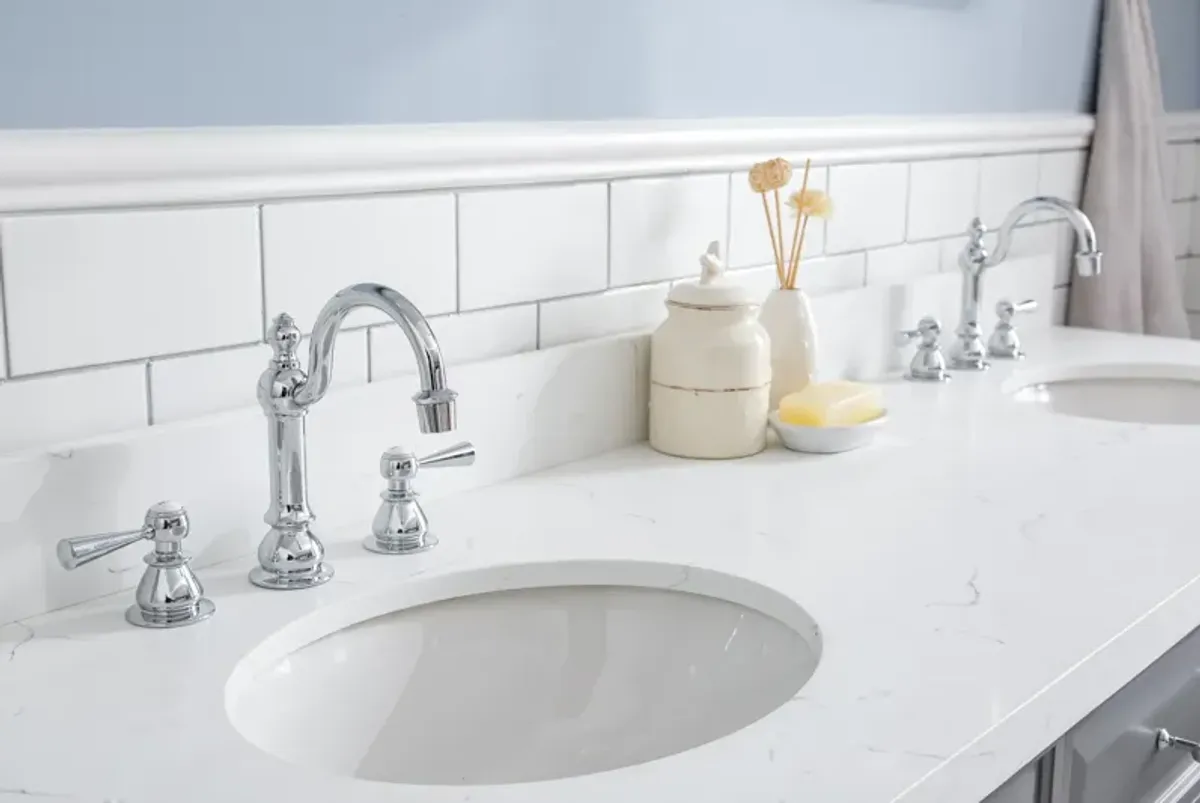 Palace 72 In. Double Sink Carrara Quartz Countertop Bath Vanity in Cashmere Grey with Chrome Hardware and Hook Faucets