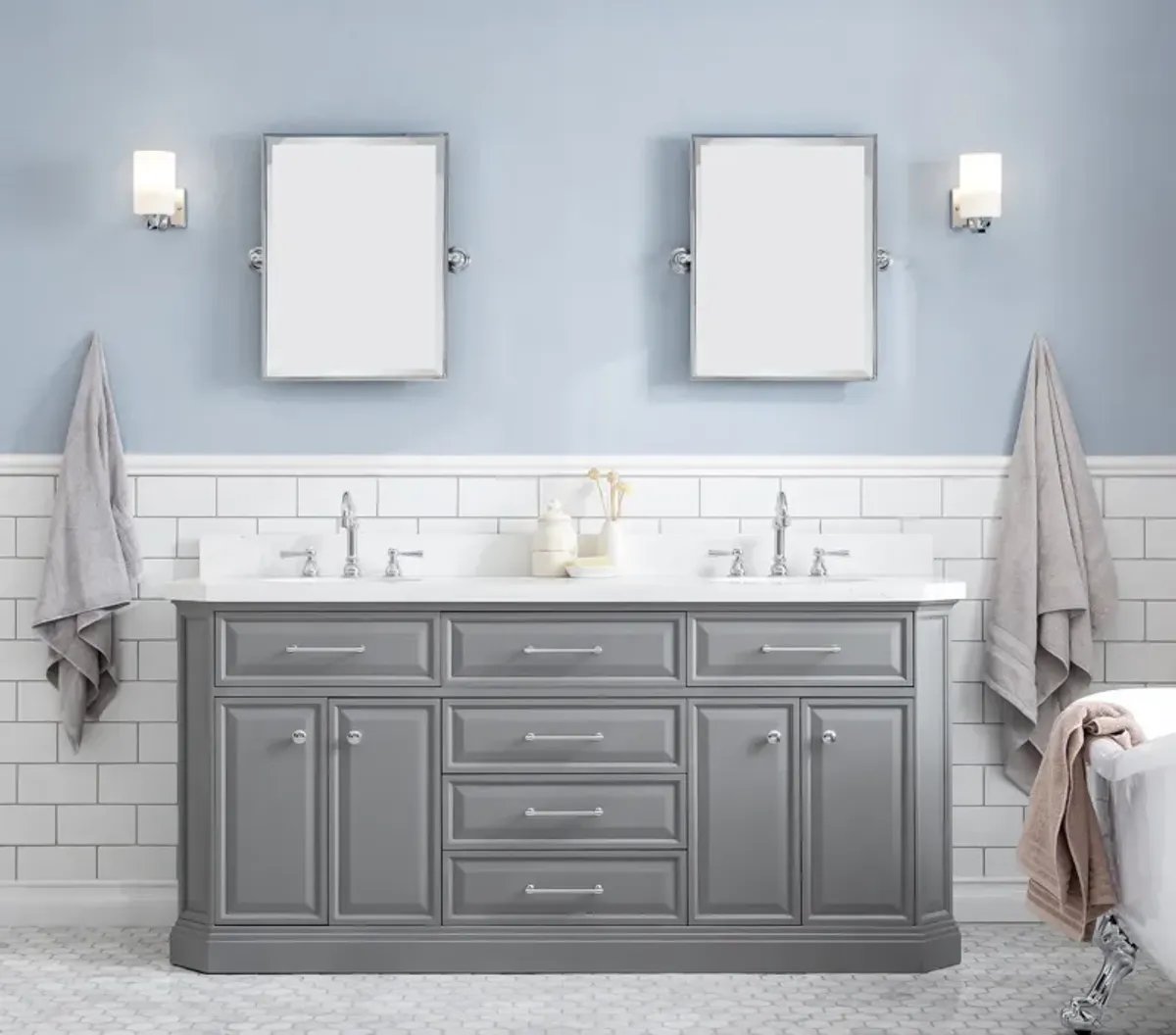 Palace 72 In. Double Sink Carrara Quartz Countertop Bath Vanity in Cashmere Grey with Chrome Hardware and Hook Faucets