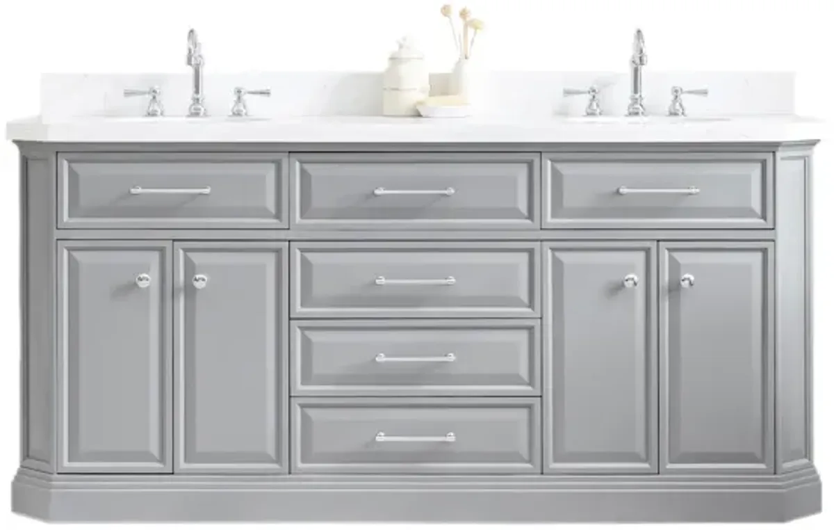 Palace 72 In. Double Sink Carrara Quartz Countertop Bath Vanity in Cashmere Grey with Chrome Hardware and Hook Faucets