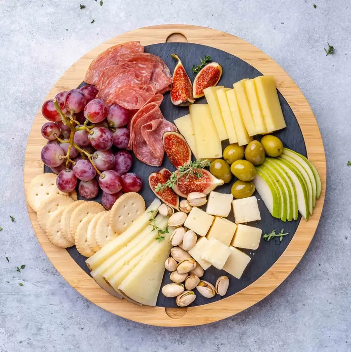 Round Bamboo Cheese Board with Knife Set and Removable Slate - 12 inch Swiveling Charcuterie Board