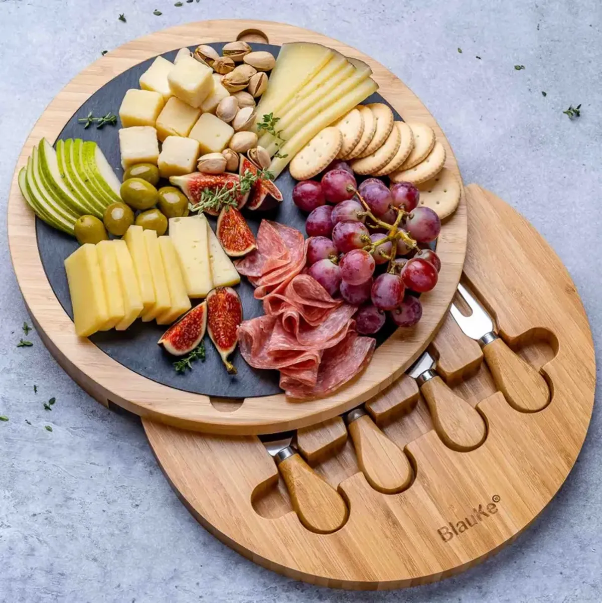 Round Bamboo Cheese Board with Knife Set and Removable Slate - 12 inch Swiveling Charcuterie Board