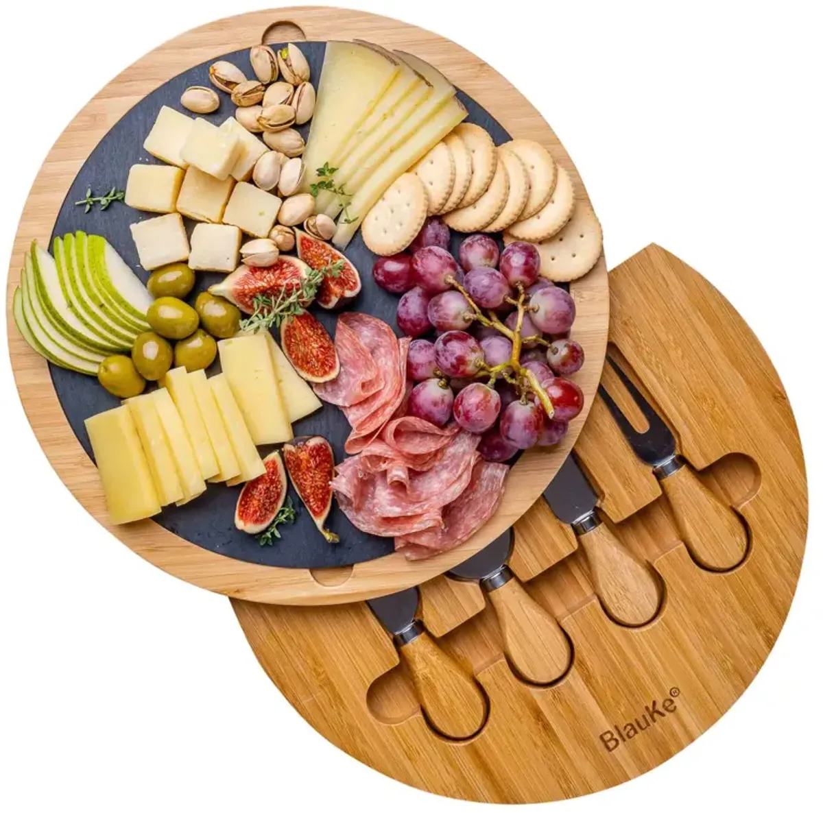 Round Bamboo Cheese Board with Knife Set and Removable Slate - 12 inch Swiveling Charcuterie Board