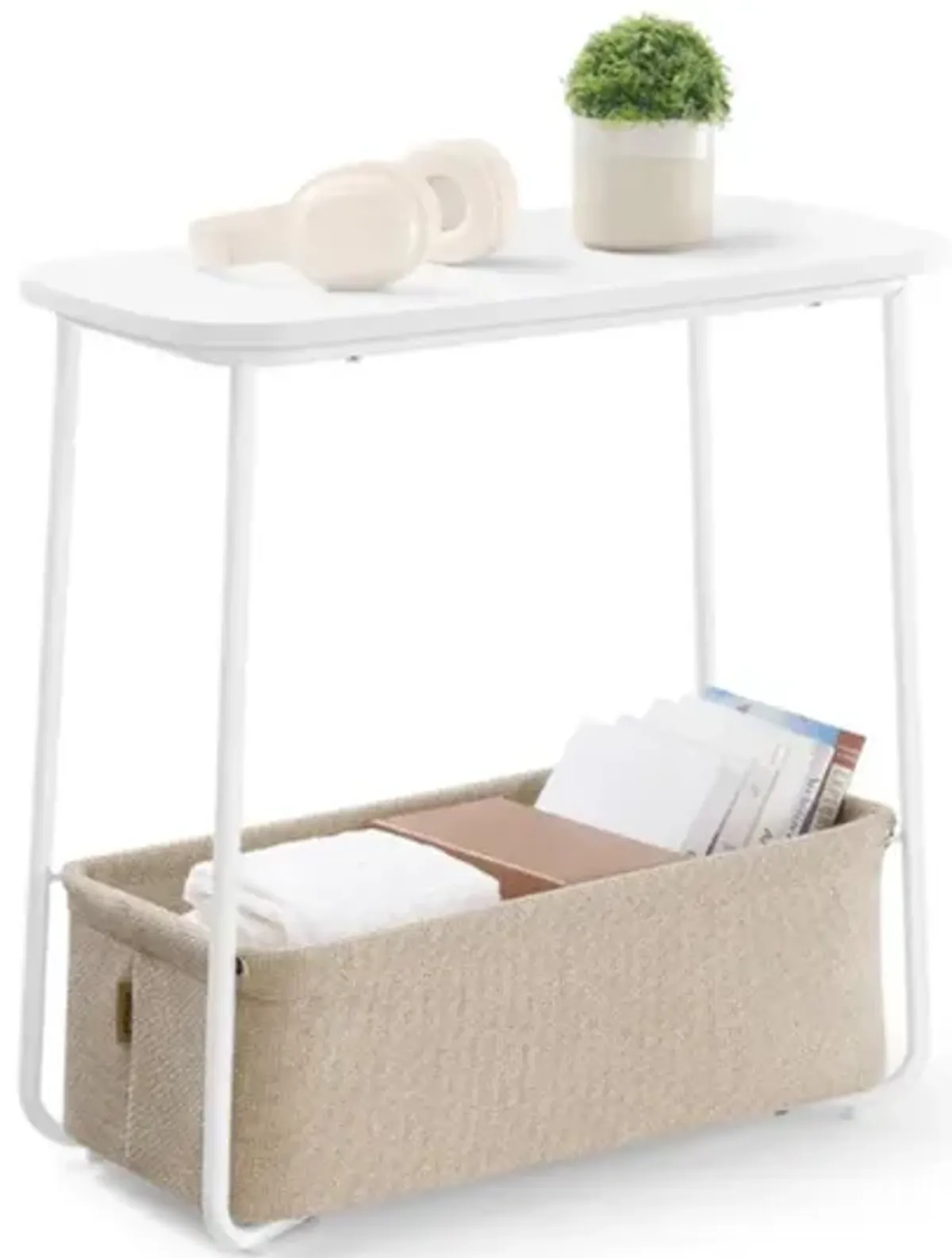Rectangular End Table with Fabric Bin – Compact Bedside Table with Soft Storage for Daily Essentials
