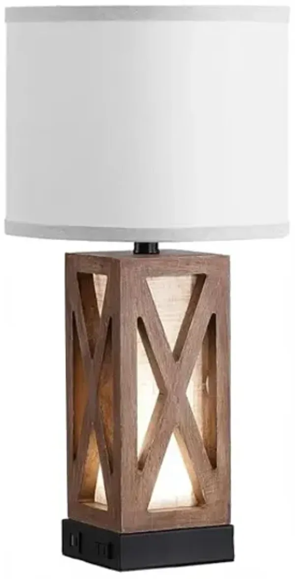 Wood Table Lamp – Vintage Farmhouse Style with USB-C, AC Outlet, Linen Shade