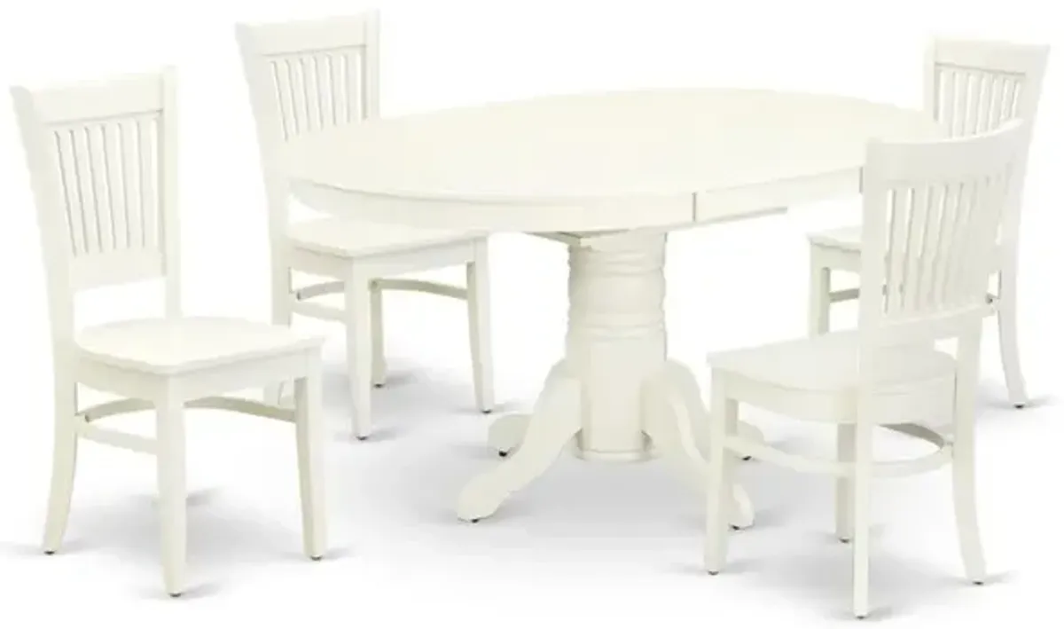 East West Furniture - AVVA5-LWH-W - 5-Piece Modern Dining Set- 4 Mid Century Chair with Wooden Seat and Slatted Chair Back - Butterfly Leaf Oval Dining Table - Linen White Finish