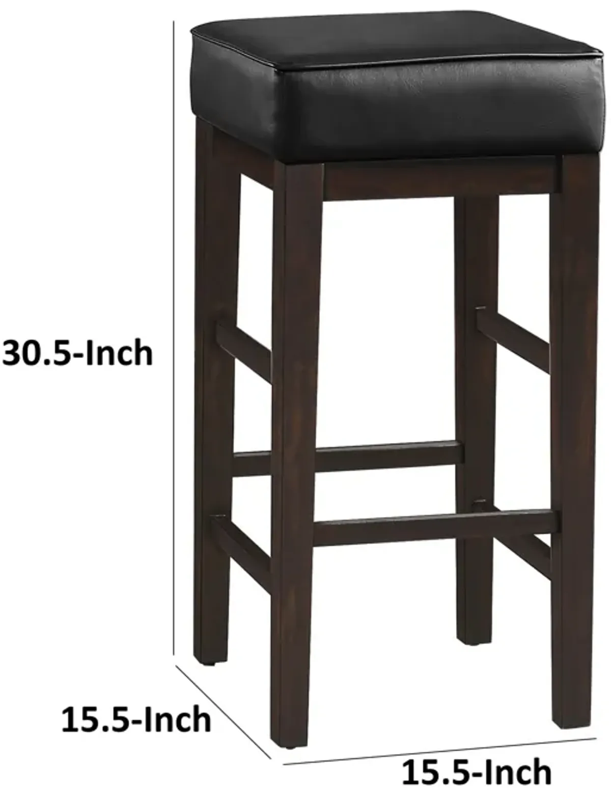 Vin 31 Inch Bar Height Stool, Black Faux Leather Seat, Dark Brown, Set of 2 - Benzara