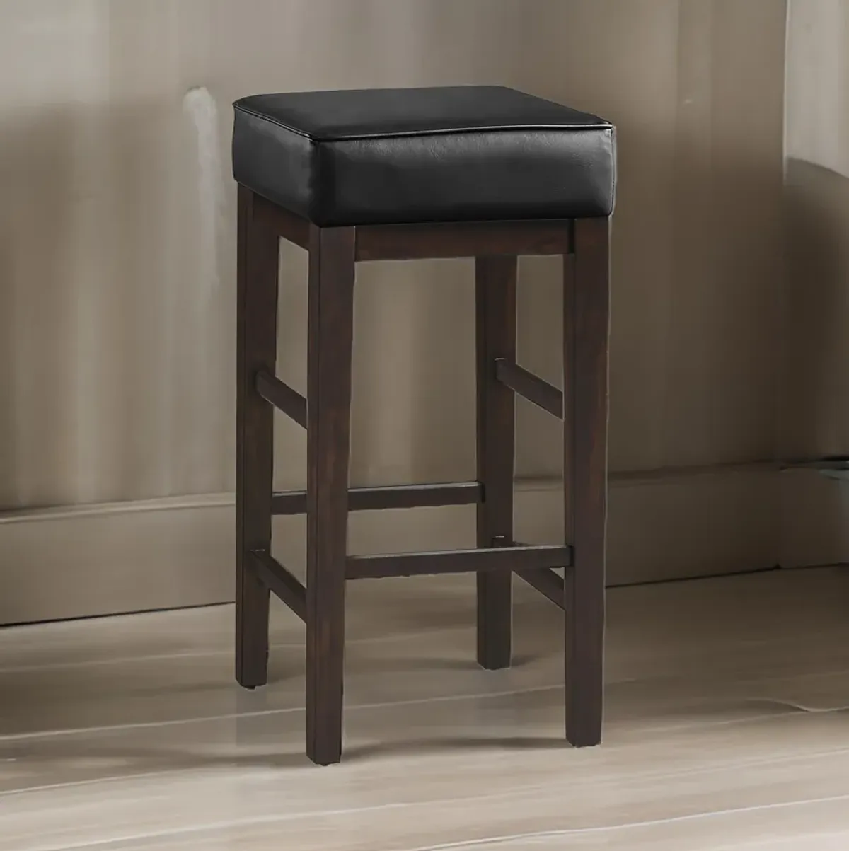 Vin 31 Inch Bar Height Stool, Black Faux Leather Seat, Dark Brown, Set of 2 - Benzara