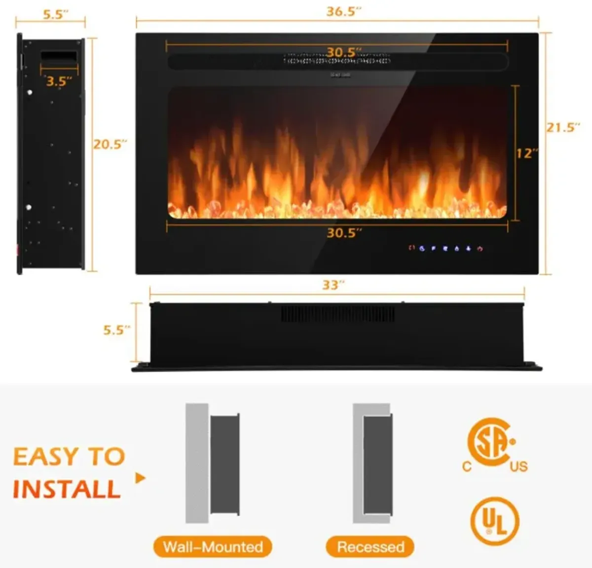 Hivvago 36 Inch Electric Fireplace Insert Wall Mounted with Timer