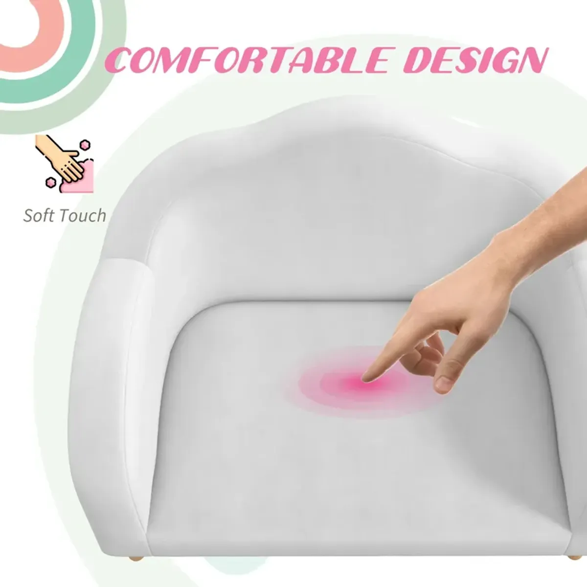 White Kids' Couch: 2-Seater Sofa with Soft Foam & Anti-Tipping Design