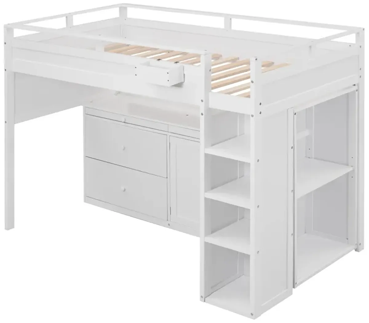 Merax Loft Bed with Rolling Cabinet and Desk