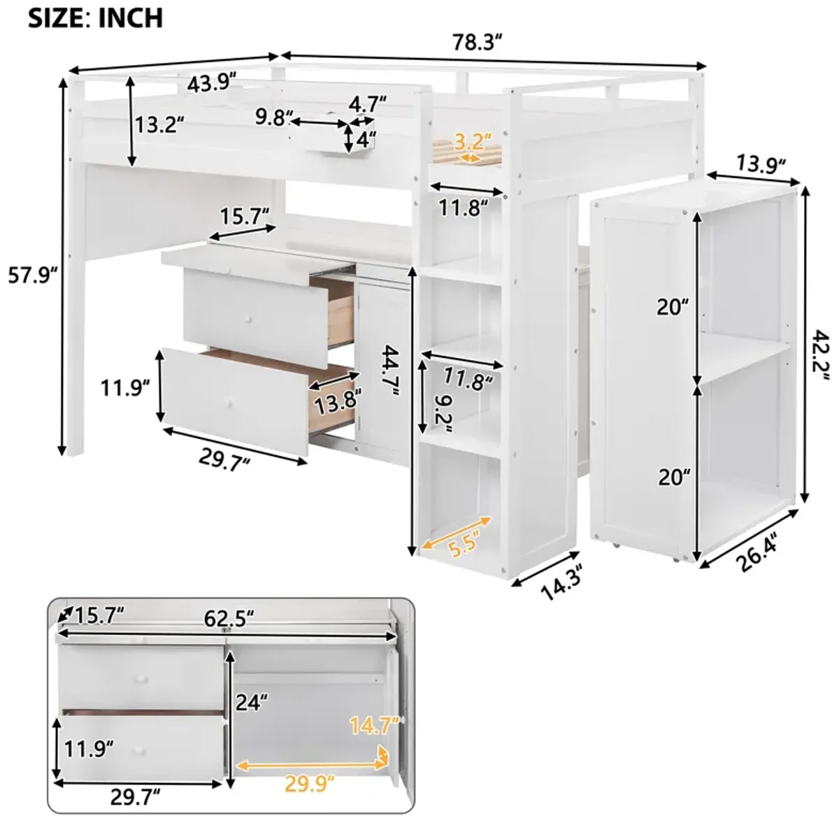 Merax Loft Bed with Rolling Cabinet and Desk