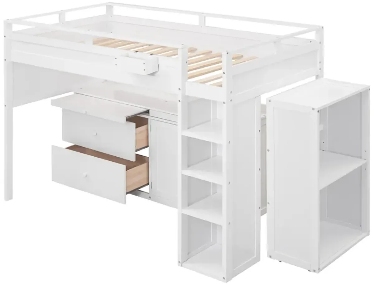 Merax Loft Bed with Rolling Cabinet and Desk