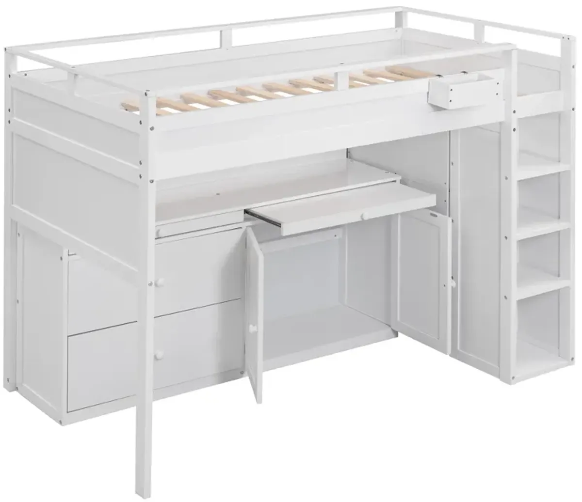 Merax Loft Bed with Rolling Cabinet and Desk