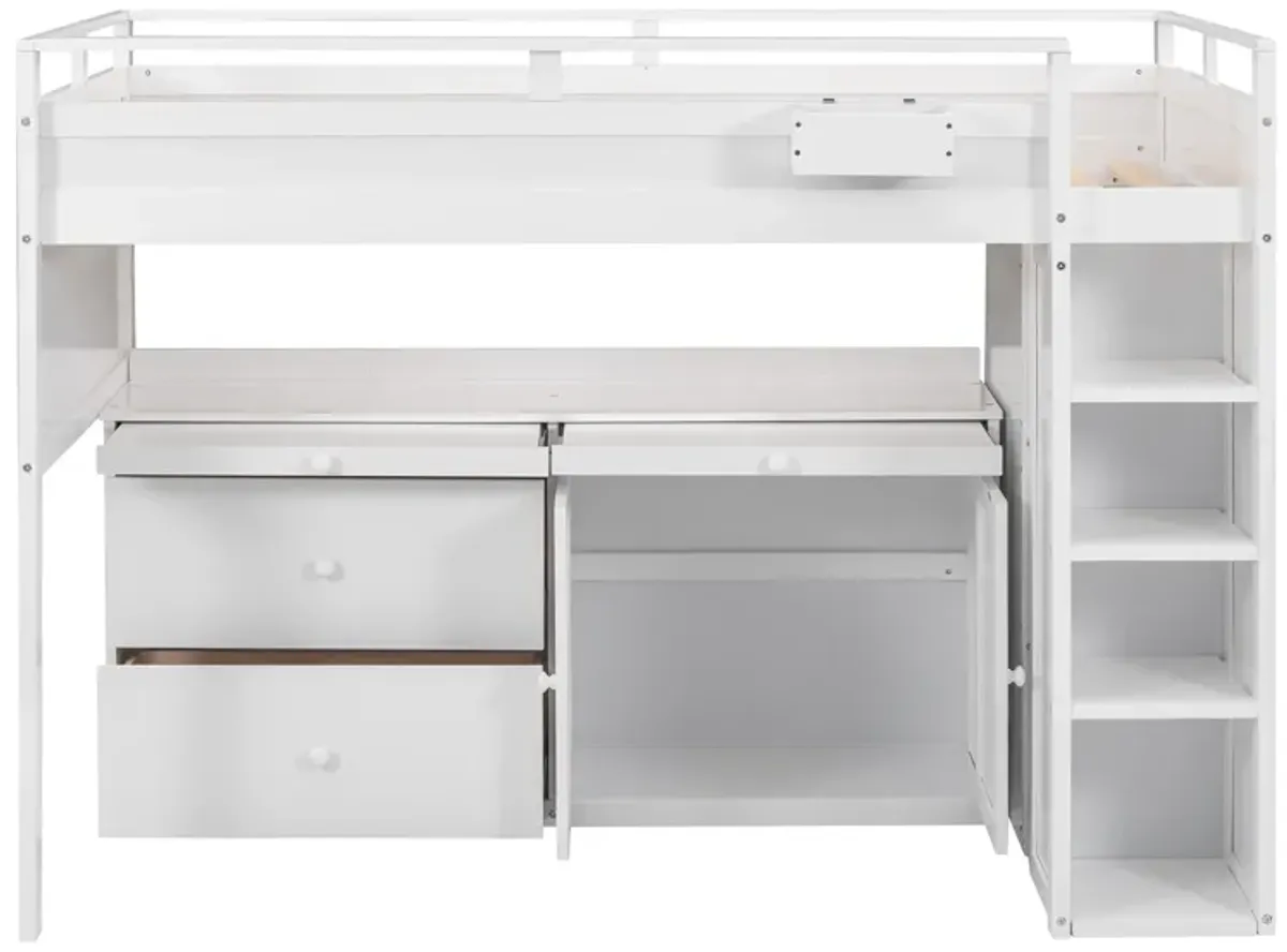 Merax Loft Bed with Rolling Cabinet and Desk