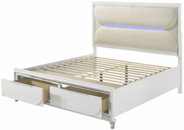 Rara California King Bed, Storage, LED, White Boucle Upholstery - Benzara