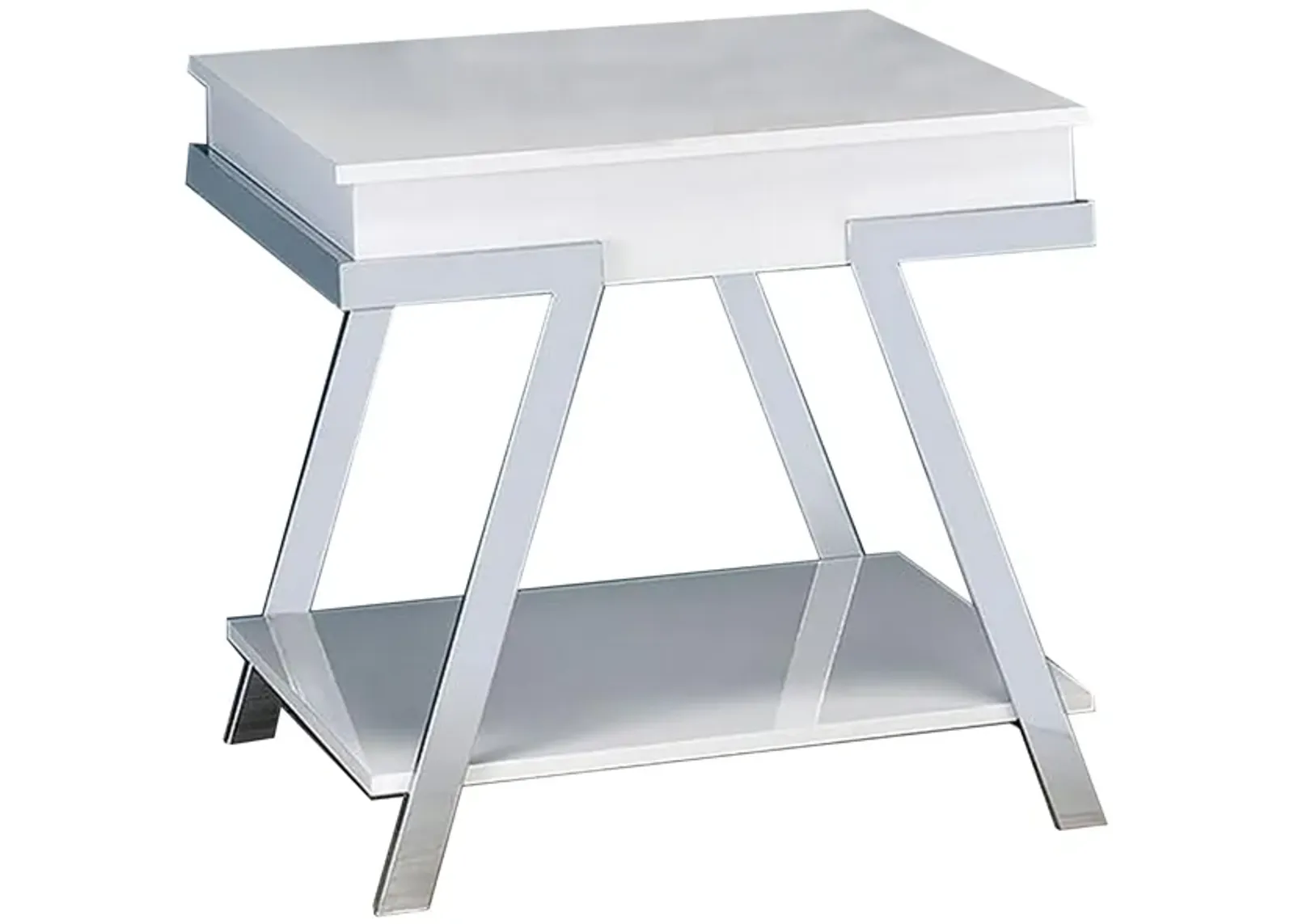 Tius 26 Inch Side End Table, Open Shelf, Chrome, High Gloss White Finish - Benzara