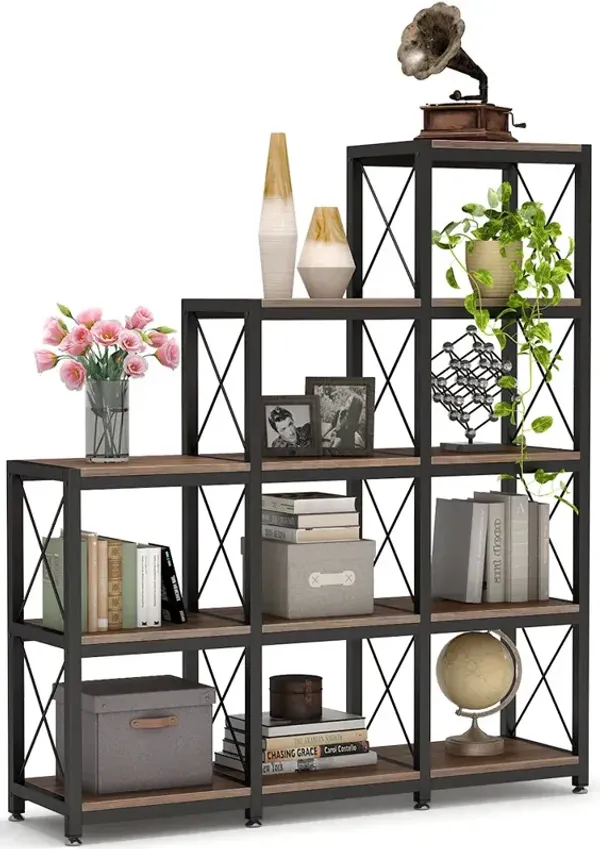 12 Shelves Bookshelf, Industrial Ladder Corner Bookshelf 9 Cubes Stepped Etagere Bookcase, Rustic 5-Tier Display Shelf Storage Organizer for Home Office (Rustic Brown)