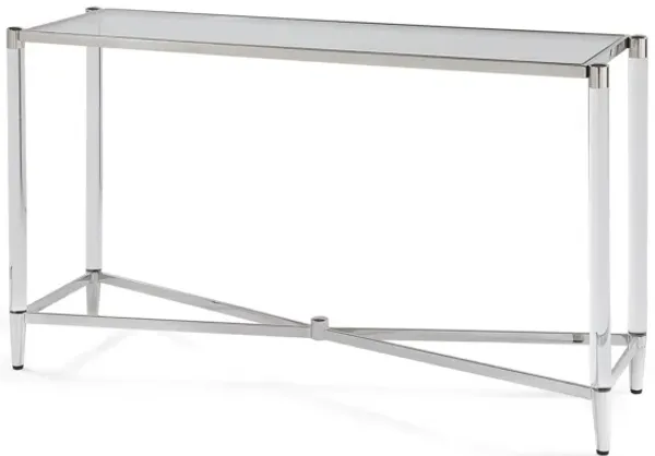 52 Inches Glass Top Console Table with Acrylic Legs, Clear and Chrome-Benzara