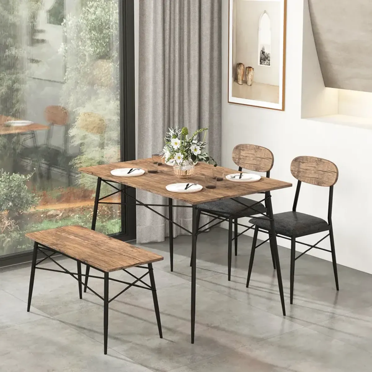 4 Piece Dining Table Set with Bench and 2 Chairs-Brown