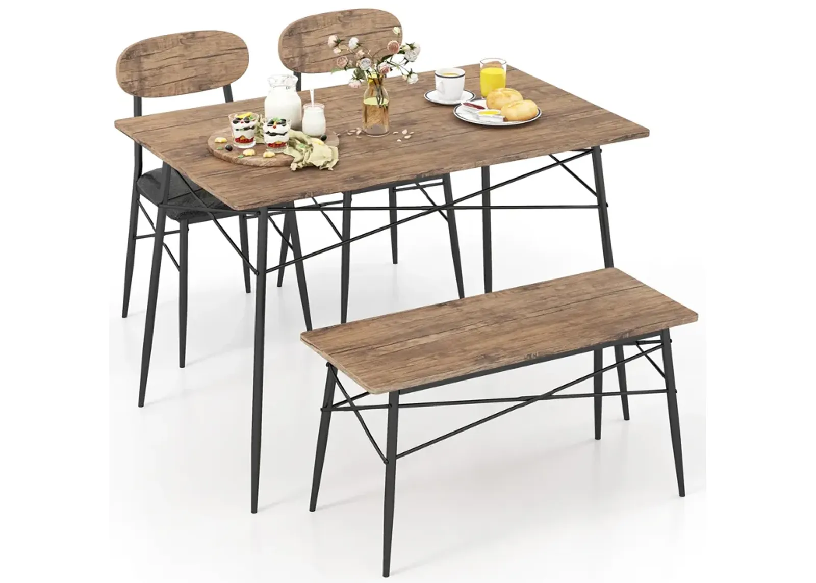 4 Piece Dining Table Set with Bench and 2 Chairs-Brown