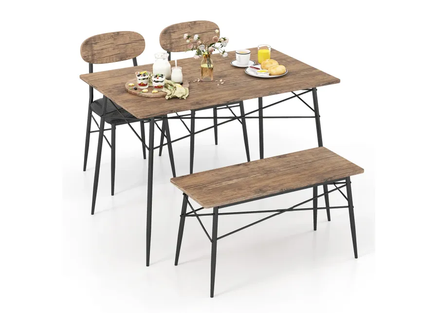 4 Piece Dining Table Set with Bench and 2 Chairs-Brown