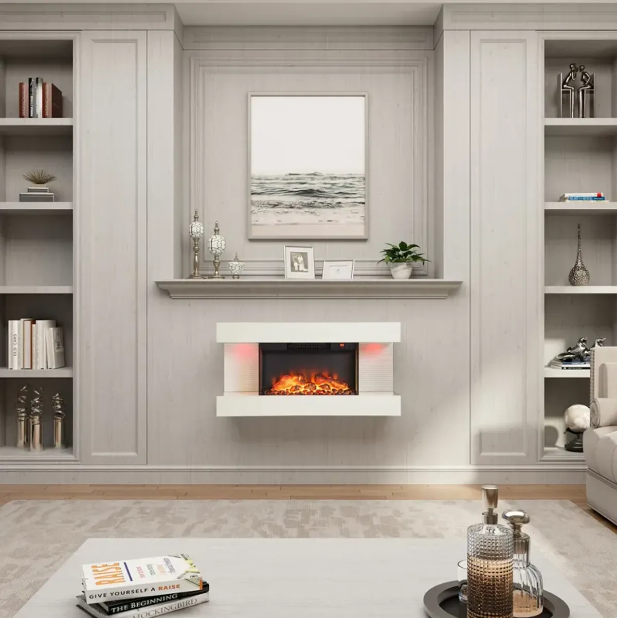 32 in. Wall Mounted Hanging Electric Fireplace with Remote Control in White